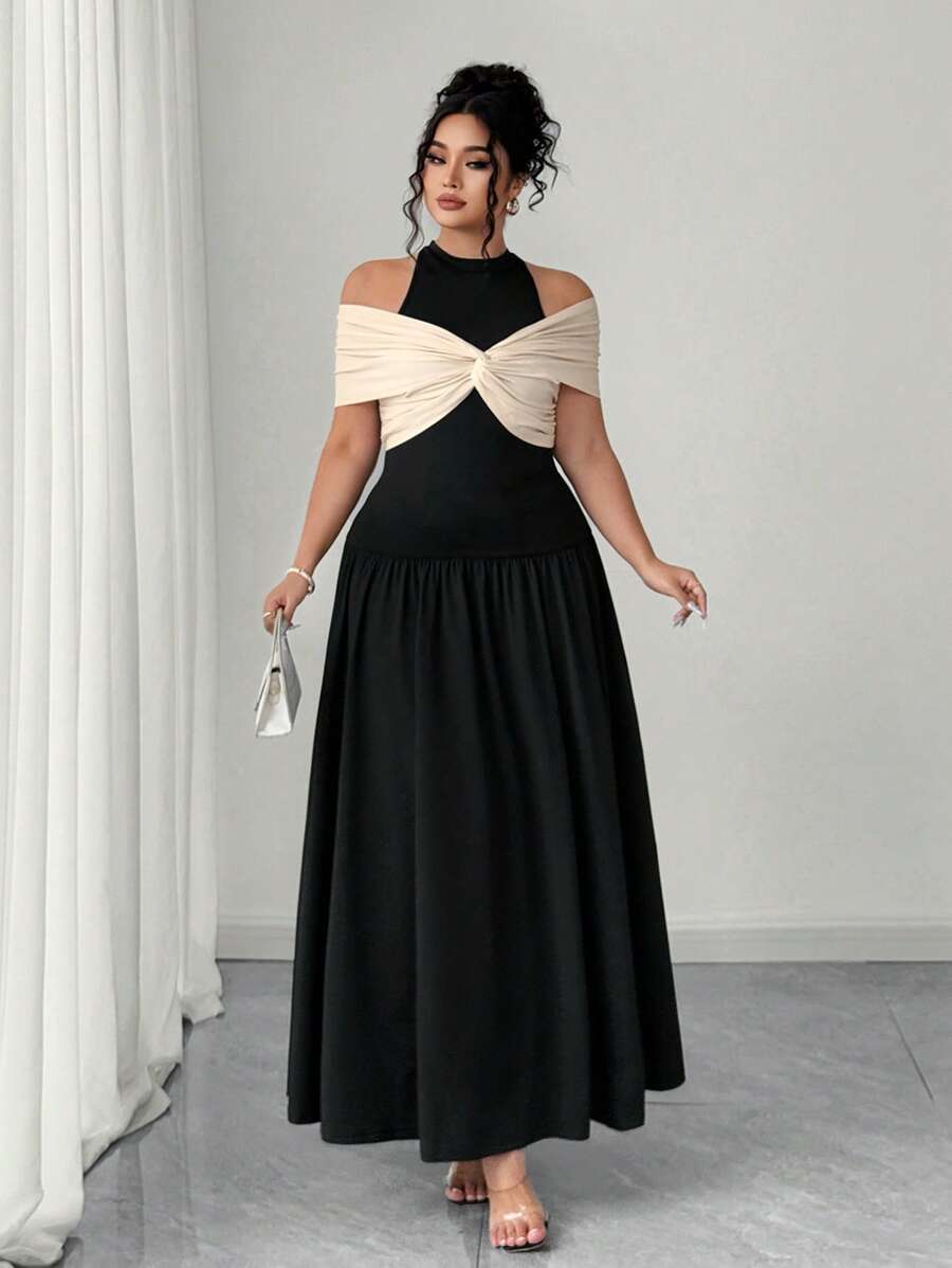 Elenzga 大码女式拼色露肩迷你连衣裙，时尚，适合夏季 - 黑色 - 查看 1