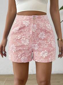 Flirla Quần short dệt kim hoa rộng rãi thời trang cắt ngẫu nhiên cho nữ - Hồng - Xem 4