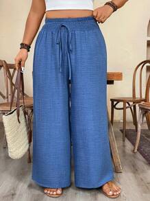 SHEIN PETITE Quần dài thường ngày cỡ lớn có cạp chun và nơ - Màu xanh lam - Xem 8