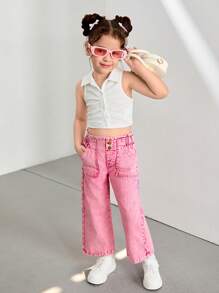 Girl Young Girl New Fuchsia Rose Snow Washed Loose Wide Leg Jeans, Cute Casual Pockets Design Ruffled Waist Front Button Decor, Suitable For Daily Wear, Minimalist & Versatile - Hot Pink - View 3