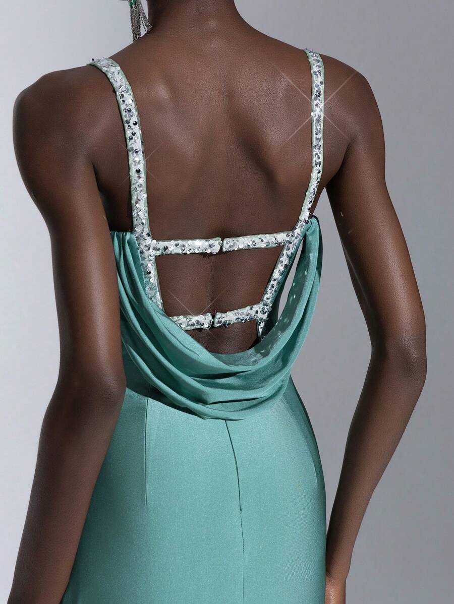 Elitara Elegant&Luxurious Beaded And Sequin Embellished Elastic Knit Ruched Backless Plunging Neckline Split Fishtail Gown For Wedding Guest,Parties,Evening - Green - View 1