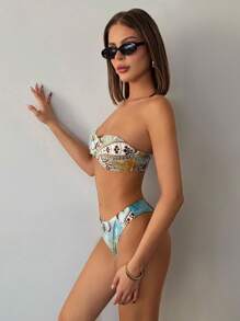 SHEIN ICON Women's 2 Pieces Swimwear Set, Summer Two Pieces Outfits Beach Bandeau Strapless Top And Triangle Bottom, Minimalist And Fashionable, Suitable For Summer