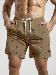 Manfinity Swimmode Men's Vacation Casual Coconut Tree Printed Beach Shorts (Print Randomly) - Coffee Brown - View 5
