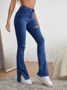 SHEIN Cottnline Cotton High Waist Ripped Slit Hem Flare Leg Jeans - Medium Wash - View 1