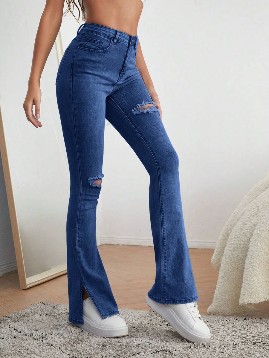 SHEIN Cottnline Cotton High Waist Ripped Slit Hem Flare Leg Jeans - Medium Wash - View 1