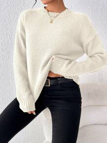 EMERY ROSE Women's Solid Color Long Sleeve Round Neck Simple Fashion Pullover Sweater Knit Pullover Fall Winter - Beige - View 4