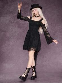 ROMWE Summer Clothes  Graduation Dress Gothic Style Embroidered Floral Lace Button & Ruffle Trim Black Midi Dress For Women - Black - View 4