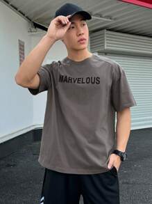 DAZY 男士休闲简约字母印花短袖T恤，夏季 - 灰色 - 查看 4