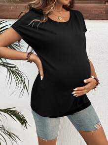 SHEIN Maternity Casual Solid Color Wrap Short Sleeve Nursing T-Shirt, Summer - Grey - View 5