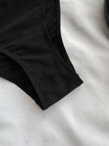 SHEIN 青少年女孩黑色 1 件装可拆卸肩带镂空海星点缀褶皱连体泳衣夏季、海滩 - 黑色 - 查看 6