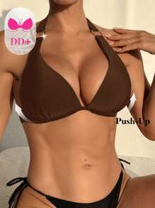 Swim DD+ 大码纯色三角杯吊带金属装饰钢圈聚拢比基尼上衣