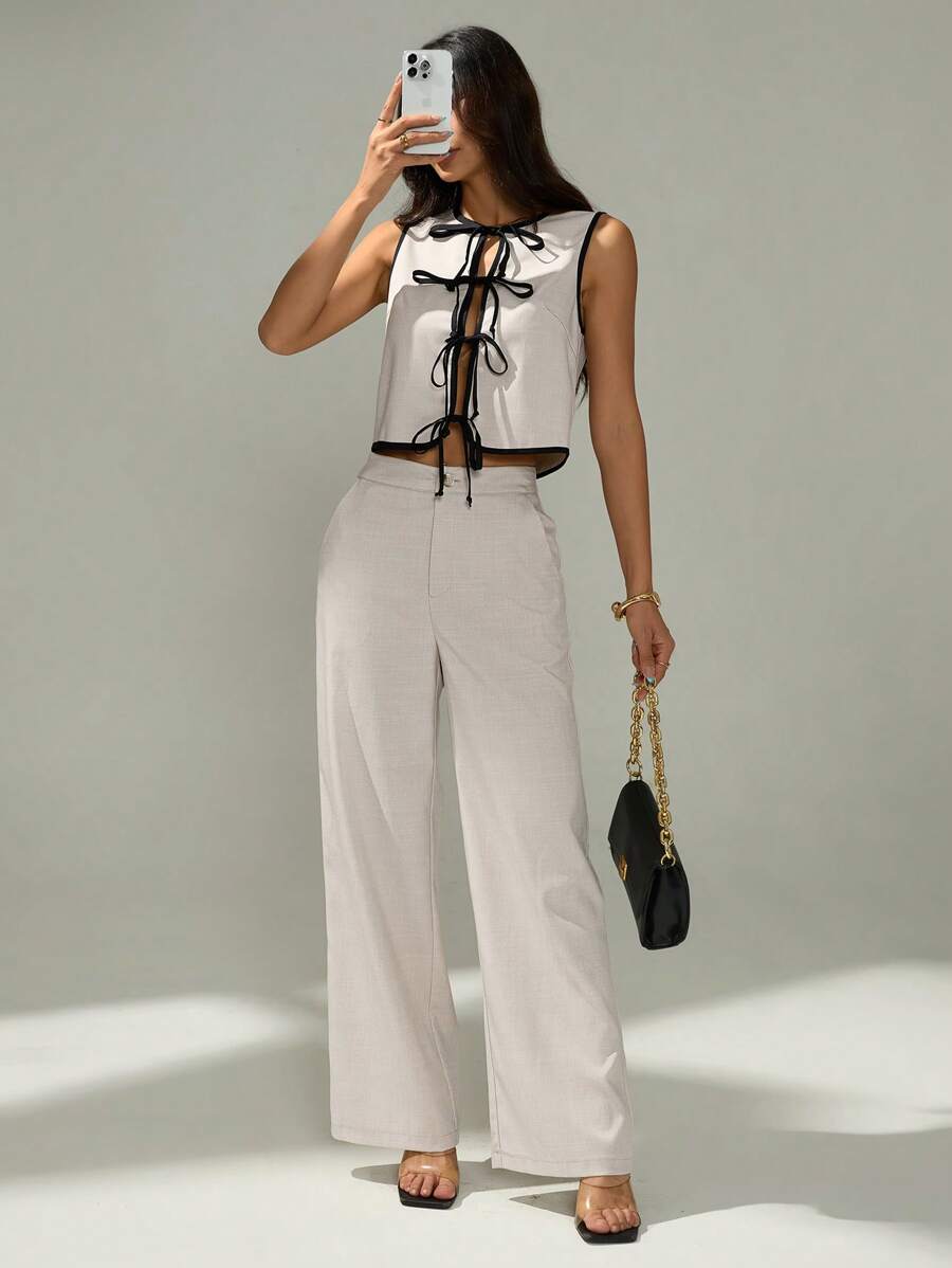SHEIN PETITE 2pcs/Set Women Contrast Binding Knotted Sleeveless Top And Pocket Decorated Long Pants,Business Casual Woman,Summer Sets - Apricot - View 1