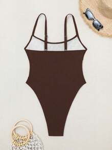 Swim SXY 女士纯色肩带网眼拼接性感镂空连体泳衣，春假和节日波西米亚风