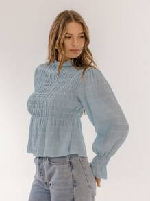 Aralina Boho Chic Shirred Long Sleeve Dobby Blouse - Dusty Blue - View 7