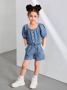 Girls Elastic Waist Casual Denim Jumpsuit With Embroidered Floral Trim, Comfortable & Fashionable For Summer Vacation