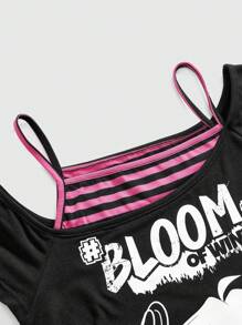 Winx Club X ROMWE Women Asymmetrical Neck Cartoon Graphic T-Shirt - Black - View 4