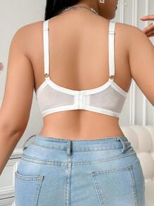 Plus Size Vintage Full-Cup Sexy Lingerie Bra With Steel Rings, Romantic French Lace Patchwork, Everyday Wear, Lift - White - View 2
