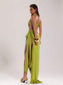 SHEIN BAE 女式夏季简约褶皱开衩露背连衣裙 - 綠色 - 查看 2