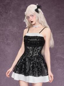 ROMWE Goth Cute & Sexy Flocked Trimmed Plunging Neckline Princess Short Dress With Puff Sleeves, Black & White - Black - View 6