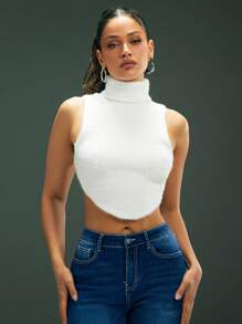 Denimoi 毛绒针织 V 型下摆上衣，时尚，适合夏季