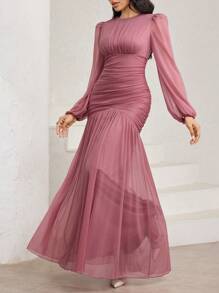 Veilorie Đầm bodycon nhún bèo tay đèn lồng màu hồng sen, vải chiffon - Bụi hồng - Xem 2