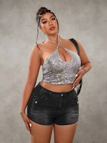 SHEIN ICON Plus Size Women Y2K Street Style Washed Elastic Denim Shorts