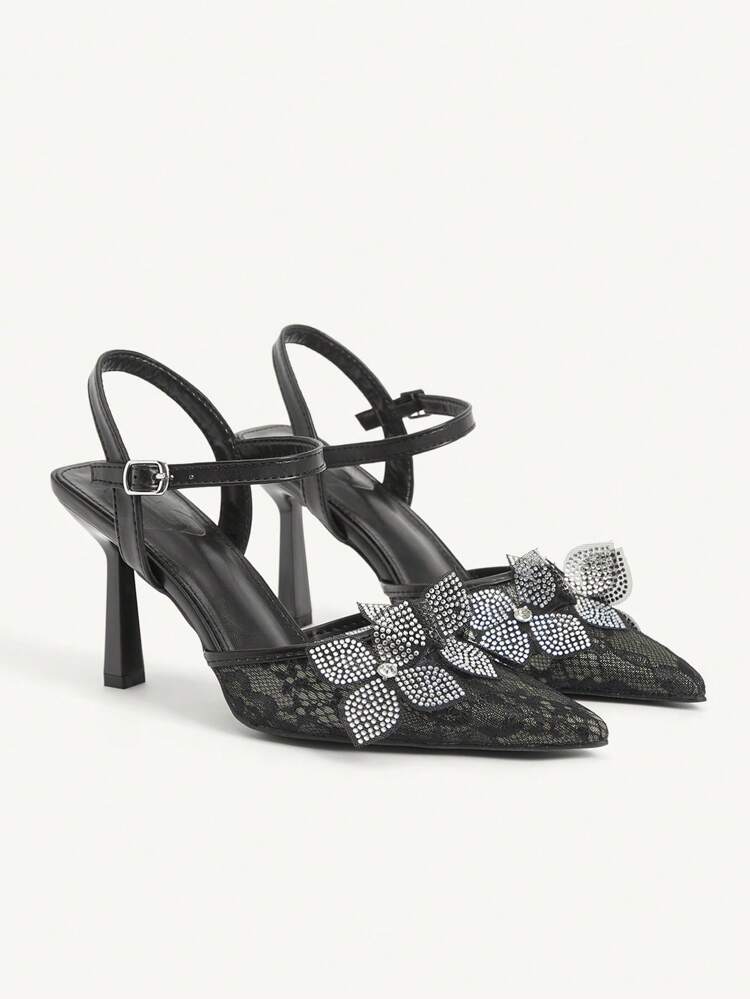 CUCCOO CHICEST Women's Summer Newly Arrived Sparkling Crystal Floral Embroidery Lace Pointy Toe Stiletto High Heel Elegant Glamorous Romantic Black Lace Mesh Lady's High Heel Sandals, Fits For Formal Dress, Afternoon Tea, Date, Party, Wedding