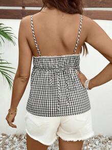 SHEIN Maternity Casual Gingham Print Woven Fabric Crop Cami Top With Ruffle Neck Detail And Spaghetti Straps - Black and White - View 2