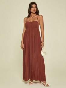 SHEIN Tall 女士砖红色连衣裙，夏季度假装，现代度假波西米亚纯色沙滩裙，极简主义无袖褶皱连衣裙 - 鏽棕色 - 查看 4