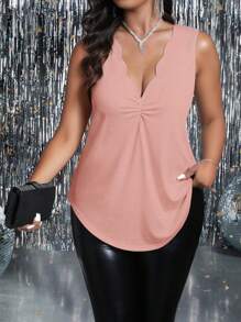 SHEIN Clasi Women's Versatile Ruched Floral Collar Knitted Tank Top - Pink - View 5