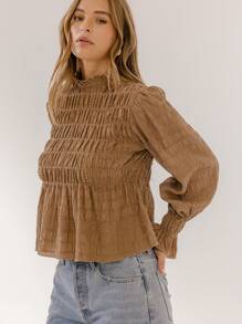 Aralina Blusa de manga larga con fruncidos de estilo boho chic - Marrón Chocolate - Ver 6