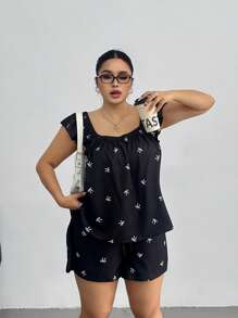 SHEIN MOOSTA 大码女式 2 件套上衣和短裤，蝴蝶印花盖袖方领衬衫和蝴蝶结休闲短裤，夏季 - 黑色 - 查看 4