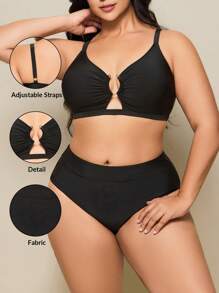 Swim Basics Solid Color Bikini Set, Ruffled Straps, Adjustable Shoulder Straps, High Waist Bottom, 2 Pieces Swimwear Set, Plus Size For Summer Beach Vacation - Black - View 1