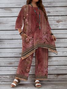 EMERY ROSE 2pcs Plus Size Casual Retro Printed Set, Suitable For Spring And Autumn - Multicolor - View 1