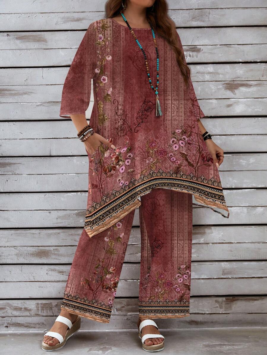 EMERY ROSE 2pcs Plus Size Casual Retro Printed Set, Suitable For Spring And Autumn - Multicolor - View 1