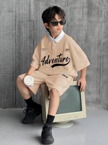 SHEIN Leap Crew 2 件青少年男孩休闲韩版时尚字母印花 Polo 领半拉链短袖上衣和宽松短裤套装，适合上学、海滩、生日、春夏季