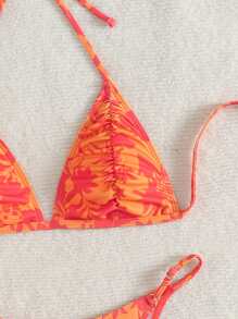 Swim Vcay Random Print Ruched Neck Triangle Top And Adjustable Side Tie Bottoms Bikini Set For Summer Beach Vacation - Multicolor - View 5