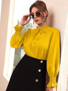 Mulvari Burgundy Red Women's Casual Solid Color Ruffled Sleeve Blouse, Spring And Autumn - Yellow - View 6