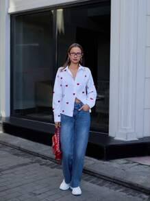 RueChic Blusa donna con bottoni, maniche lunghe, con ricamo a cuore intrecciato, di colore unito, per uscite