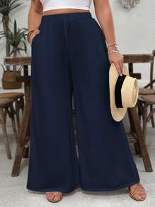 SHEIN VCAY 加大码白色纹理面料宽松休闲阔腿裤，带口袋，适合海滩度假、情人节 - 藏蓝色 - 查看 1