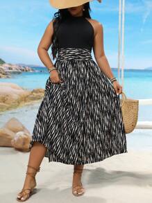 SHEIN Clasi Plus Size Summer Vacation Patchwork Print Halter Neck Dress - Black - View 1