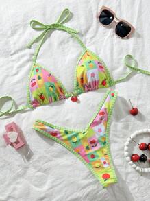 Swim Mod Women's Summer Beach Fruit Print Halter Tie Sexy Bikini Set - Multicolor - View 1