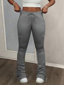 Slaydiva High-Waisted Casual Ruched Grey Color Utility Pocket Flared Pants For Women - Grey - View 7