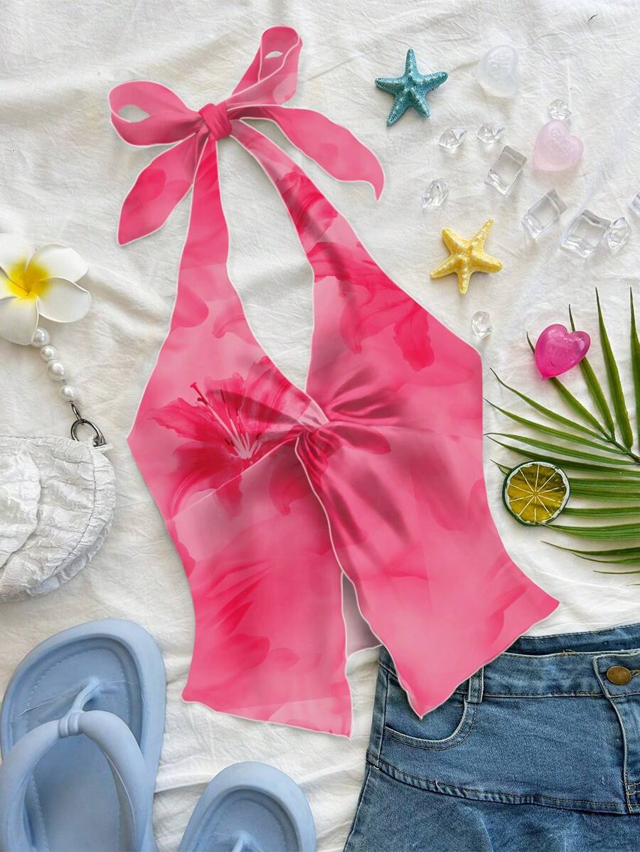 Soleia Camisole dos nu à imprimé floral rose sexy et à la mode, avec lien torsadé et fente sur le devant, idéale pour l'été - Rose bonbon - Voir 1