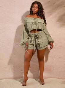 SHEIN SXY Plus Size Women Spring/Summer Dating Club Valentine's Day Wedding Elegant Green Woven Off-Shoulder Cargo Pockets Embellished Long Sleeve Crop Top With Drawstring Strap Design, Suitable For Everyday And Western Wear - Green - View 10