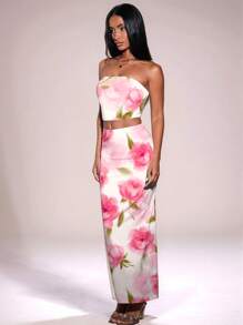 SHEIN BAE 2 件套女士花卉扎染/抹胸 2 件夏季度假套装/女士两件套/海滩装/女士沙滩装/女士度假装/度假/2 件套/女士套装/女士配套套装/狂欢装节日/度假两件套/2 件套夏季