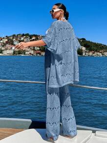 EURMUSE 女士 Vcay 钩针针织七分袖和服和长裤罩衫套装 - 淺藍色 - 查看 2