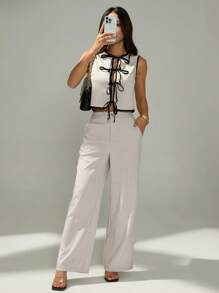 SHEIN PETITE 2pcs/Set Women Contrast Binding Knotted Sleeveless Top And Pocket Decorated Long Pants,Business Casual Woman,Summer Sets - Apricot - View 7