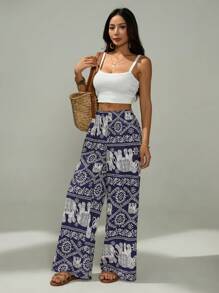 SHEIN PETITE Elephant Print Wide-Leg Pants Are Suitable For Vacation And Beach Dates,Bohemia - Navy Blue - View 4