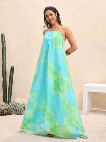 BY FELIZIA 蓝绿色夏季雪纺印花串珠露背性感长裙海边度假派对连衣裙 - 彩色 - 查看 7